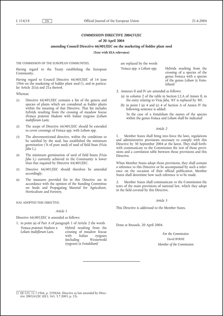 Commission Directive 2004/55/EC of 20 April 2004 amending Council Directive 66/401/EEC on the marketing of fodder plant seed (Text with EEA relevance)