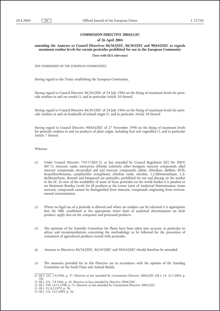 Commission Directive 2004/61/EC of 26 April 2004 amending the Annexes to Council Directives 86/362/EEC, 86/363/EEC and 90/642/EEC as regards maximum residue levels for certain pesticides prohibited for use in the European Community (Text with EEA relevance)