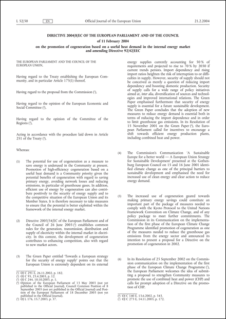 Directive 2004/8/EC of the European Parliament and of the Council of 11 February 2004 on the promotion of cogeneration based on a useful heat demand in the internal energy market and amending Directive 92/42/EEC (repealed)