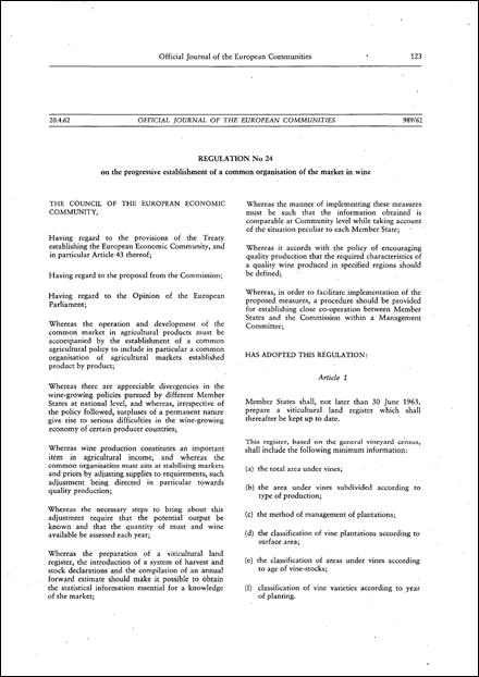 EEC Council: Regulation No 24 on the progressive establishment of a common organisation of the market in wine (repealed)