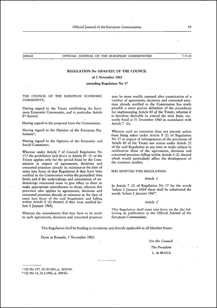 Regulation No 118/63/EEC of the Council of 5 November 1963 amending Regulation No 17