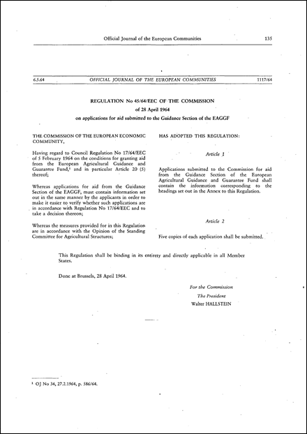 Regulation No 45/64/EEC of the Commission of 28 April 1964 on applications for aid submitted to the Guidance Section of the EAGGF