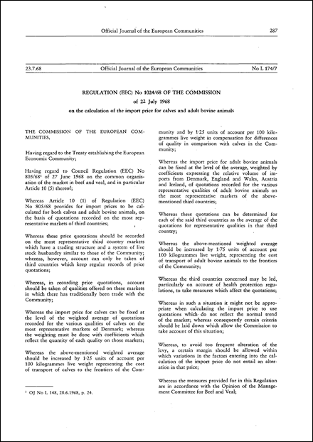 Regulation (EEC) No 1024/68 of the Commission of 22 July 1968 on the calculation of the import price for calves and adult bovine animals (repealed)