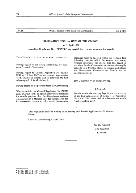 Regulation (EEC) No 445/68 of the Council of 9 April 1968 amending Regulation No 174/67/EEC on special intervention measures for cereals