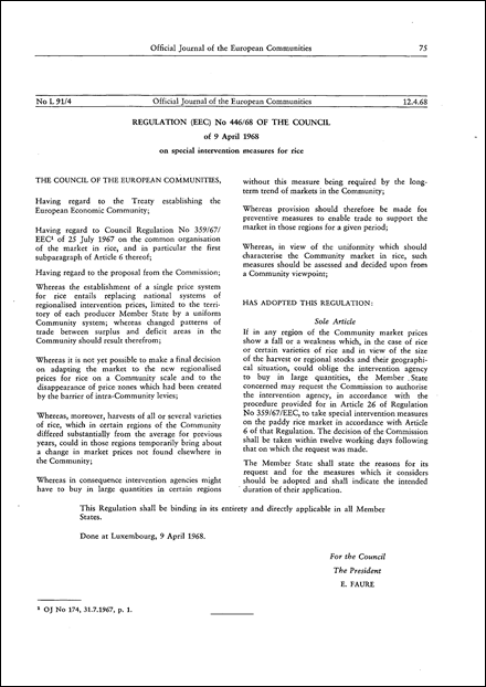 Regulation (EEC) No 446/68 of the Council of 9 April 1968 on special intervention measures for rice (repealed)