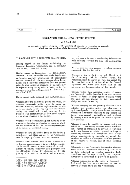 Regulation (EEC) No 459/68 of the Council of 5 April 1968 on protection against dumping or the granting of bounties or subsidies by countries which are not members of the European Economic Community (repealed)