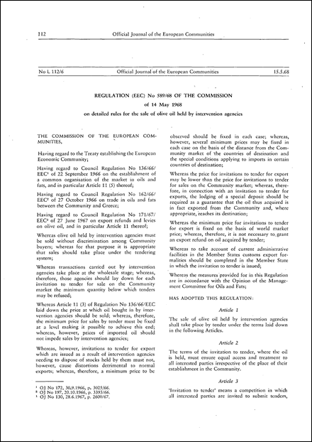 Regulation (EEC) No 589/68 of the Commission of 14 May 1968 on detailed rules for the sale of olive oil held by intervention agencies (repealed)