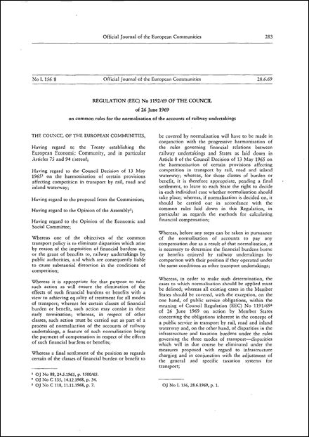 Regulation (EEC) No 1192/69 of the Council of 26 June 1969 on common rules for the normalisation of the accounts of railway undertakings (repealed)