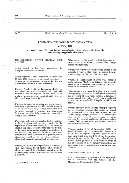 Regulation (EEC) No 1019/70 of the Commission of 29 May 1970 on detailed rules for establishing free-at-frontier offer prices and fixing the countervailing charge in the wine sector