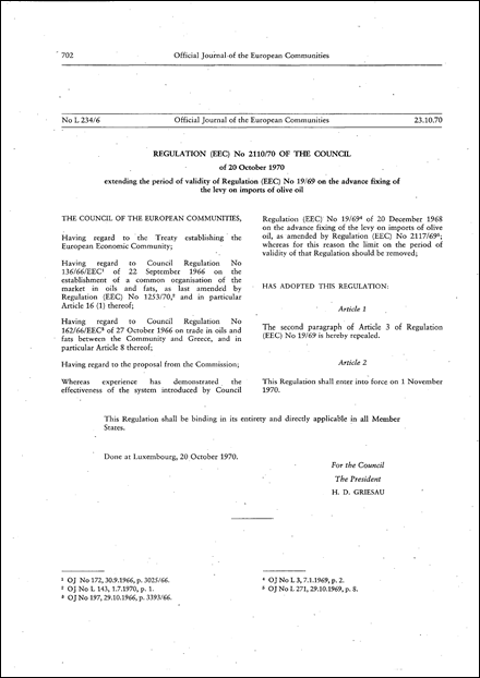 Regulation (EEC) No 2110/70 of the Council of 20 October 1970 extending the period of validity of Regulation (EEC) No 19/69 on the advance fixing of the levy on imports of olive oil