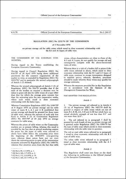 Regulation (EEC) No 2232/70 of the Commission of 3 November 1970 on private storage aid for table wines which stand in close economic relationship with the R I and A I types of table wine