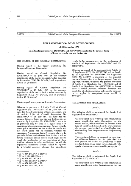 Regulation (EEC) No 2435/70 of the Council of 30 November 1970 amending Regulations Nos 140/67/EEC and 365/67/EEC on rules for the advance fixing of levies on cereals, rice and broken rice