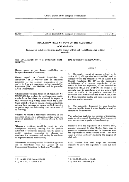 Regulation (EEC) No 496/70 of the Commission of 17 March 1970 laying down initial provisions on quality control of fruit and vegetables exported to third countries (repealed)