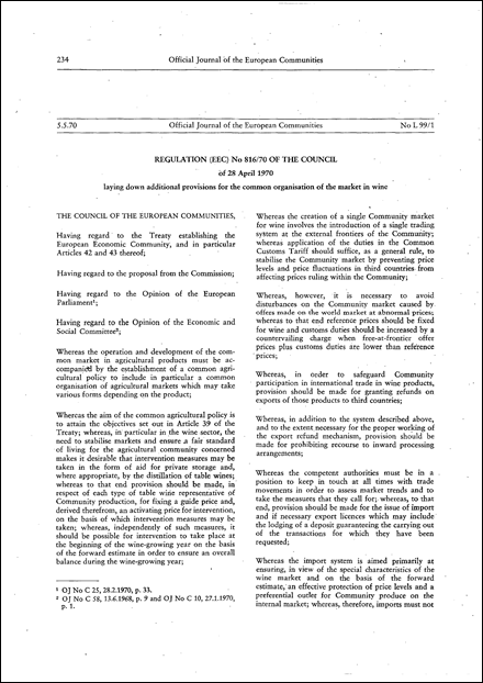 Regulation (EEC) No 816/70 of the Council of 28 April 1970 laying down additional provisions for the common organisation of the market in wine (repealed)