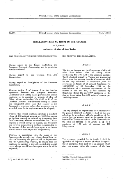 Regulation (EEC) No 1235/71 of the Council of 7 June 1971 on imports of olive oil from Turkey (repealed)