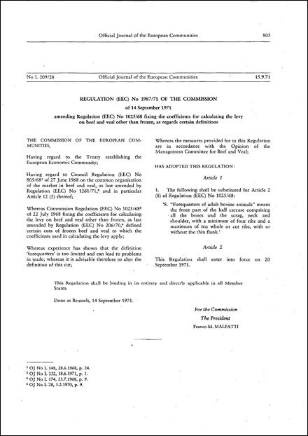 Regulation (EEC) No 1987/71 of the Commission of 14 September 1971 amending Regulation (EEC) No 1025/68 fixing the coefficients for calculating the levy on beef and veal other than frozen, as regards certain definitions