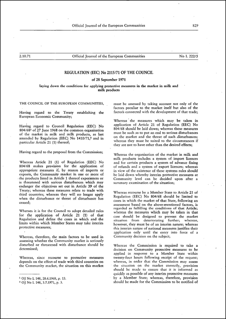 Regulation (EEC) No 2115/71 of the Council of 28 September 1971 laying down the conditions for applying protective measures in the market in milk and milk products