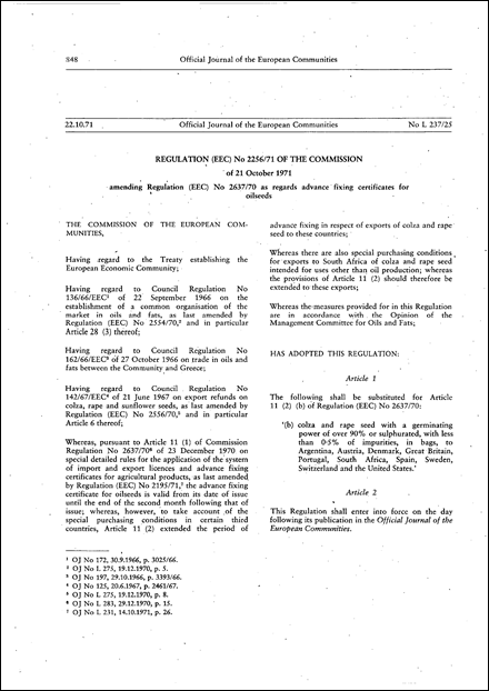 Regulation (EEC) No 2256/71 of the Commission of 21 October 1971 amending Regulation (EEC) No 2637/70 as regards advance fixing certificates for oilseeds