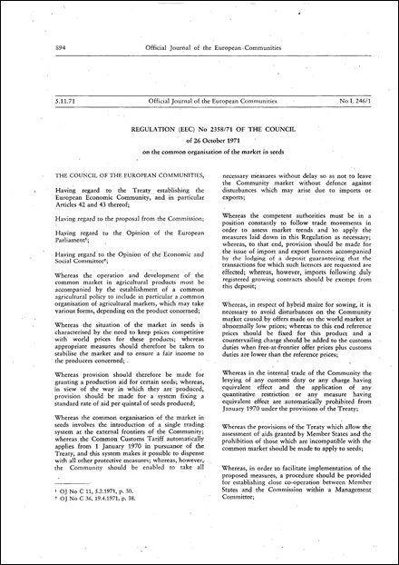 Regulation (EEC) No 2358/71 of the Council of 26 October 1971 on the common organisation of the market in seeds (repealed)