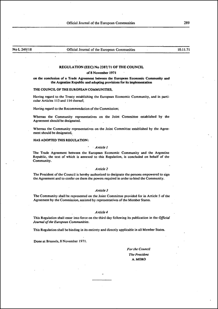 Council Regulation (EEC) No 2387/71 of 8 November 1971 concluding a commercial agreement between the European Economic Community and the Republic of Argentina and laying down provisions for its implementation