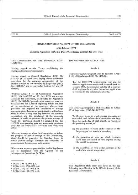 Regulation (EEC) No 436/71 of the Commission of 26 February 1971 amending Regulation (EEC) No 1437/70 on storage contracts for table wine