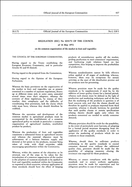 Regulation (EEC) No 1035/72 of the Council of 18 May 1972 on the common organization of the market in fruit and vegetables