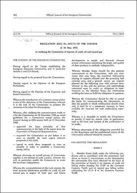 Regulation (EEC) No 1055/72 of the Council of 18 May 1972 on notifying the Commission of imports of crude oil and natural gas (repealed)