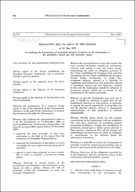 Regulation (EEC) No 1056/72 of the Council of 18 May 1972 on notifying the Commission of investment projects of interest to the Community in the petroleum, natural gas and electricity sectors (repealed)