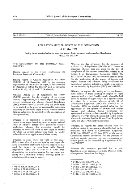 Regulation (EEC) No 1076/72 of the Commission of 25 May 1972 laying down detailed rules for applying export levies on sugar and amending Regulation (EEC) No 2637/70 (repealed)