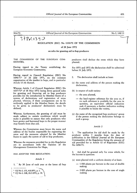 Regulation (EEC) No 1350/72 of the Commission of 28 June 1972 on rules for granting aid to hop producers (repealed)