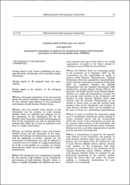 Council Regulation (EEC) No 1445/72 of 24 April 1972 concerning the nomenclature of goods for the external trade statistics of the Community and statistics of trade between Member States (NIMEXE) (repealed)