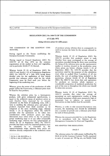 Regulation (EEC) No 1484/72 of the Commission of 12 July 1972 fixing reference prices for table grapes