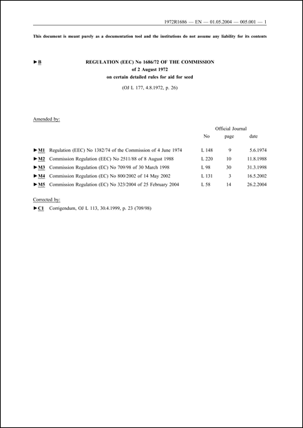 Regulation (EEC) No 1686/72 of the Commission of 2 August 1972 on certain detailed rules for aid for seed (repealed)