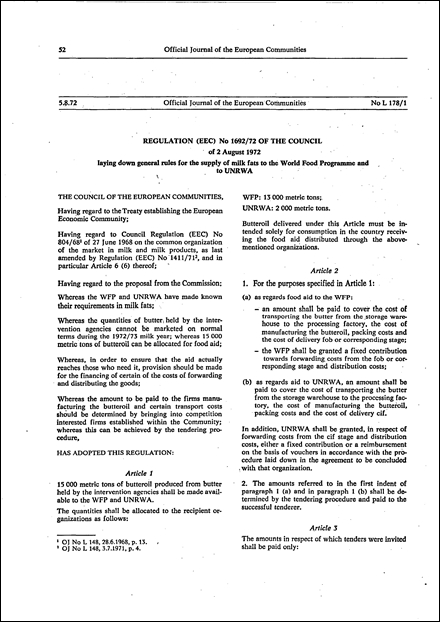Regulation (EEC) No 1692/72 of the Council of 3 August 1972 laying down general rules for the supply of milk fats to the World Food Programme and UNRWA