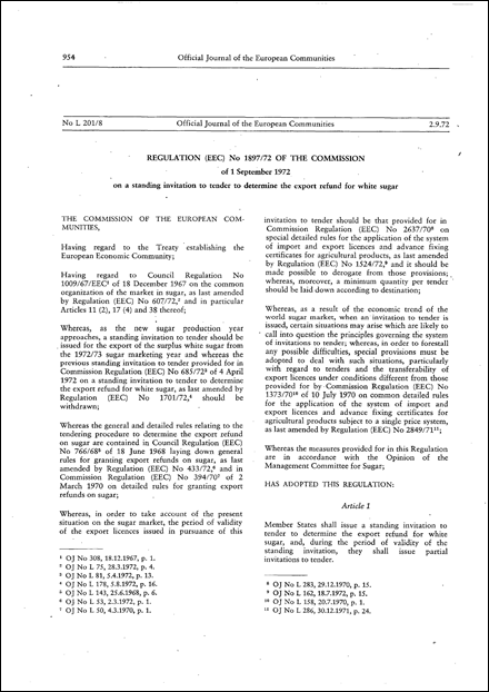 Regulation (EEC) No 1897/72 of the Commission of 1 September 1972 on a standing invitation to tender to determine the export refund for white sugar