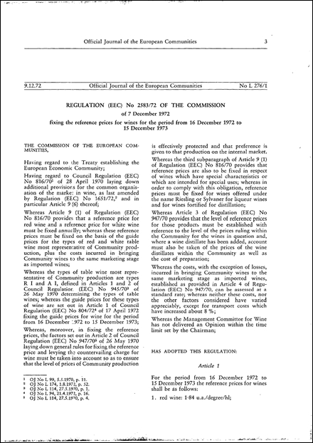 Regulation (EEC) No 2583/72 of the Commission of 7 December 1972 fixing the reference prices for wines for the period from 16 December 1972 to 15 December 1973