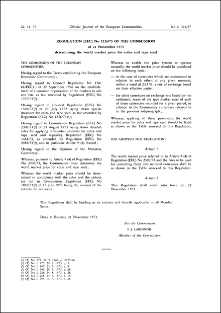 Regulation (EEC) No 3156/73 of the Commission of 21 November 1973 determining the world market price for colza and rape seed