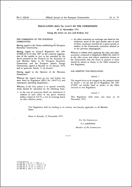 Regulation (EEC) No 3164/73 of the Commission of 22 November 1973 fixing the levies on rice and broken rice