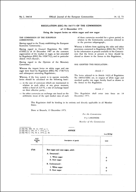 Regulation (EEC) No 3367/73 of the Commission of 13 December 1973 fixing the import levies on white sugar and raw sugar