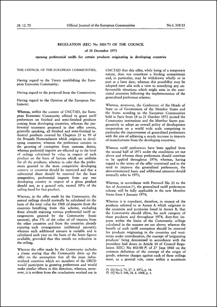 Regulation (EEC) No 3501/73 of the Council of 18 December 1973 opening preferential tariffs for certain products originating in developing countries