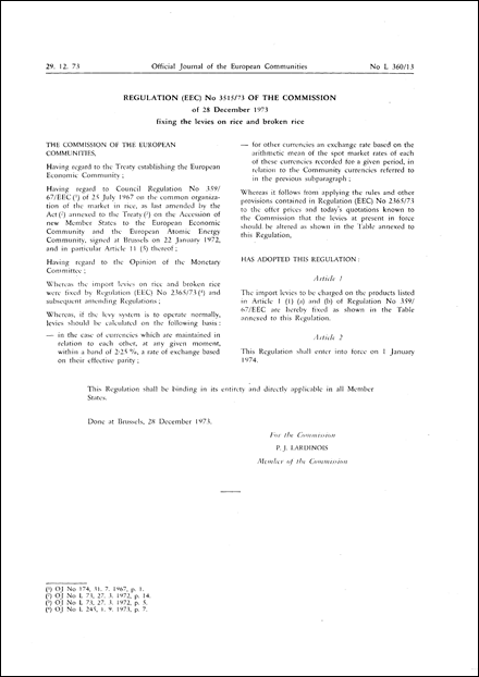 Regulation (EEC) No 3515/73 of the Commission of 28 December 1973 fixing the levies on rice and broken rice