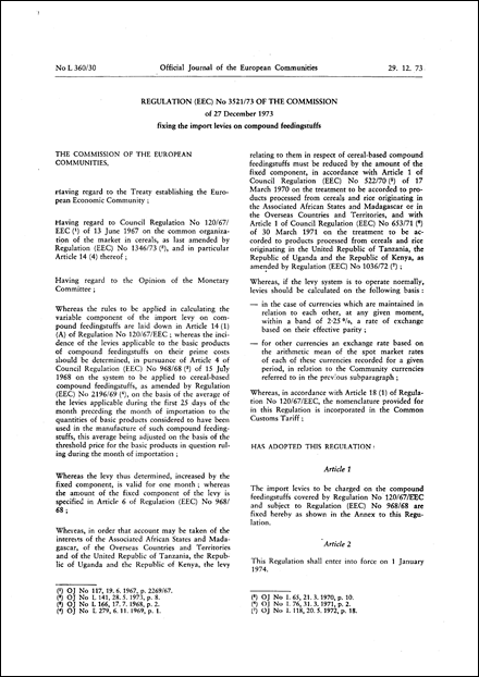 Regulation (EEC) No 3521/73 of the Commission of 27 December 1973 fixing the import levies on compound feedingstuffs