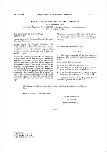 Regulation (EEC) No 3565/73 of the Commission of 21 December 1973 amending Regulation No 118/66/EEC on the presentation of binary accountancy data on magnetic tapes