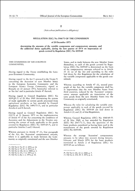 Regulation (EEC) No 3566/73 of the Commission of 20 December 1973 determining the amounts of the variable components and compensatory amounts, and the additional duties applicable, during the first quarter of 1974 on importation of goods covered by Regulation (EEC) No 1059/69