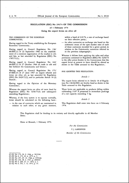 Regulation (EEC) No 290/74 of the Commission of 1 February 1974 fixing the export levies on olive oil