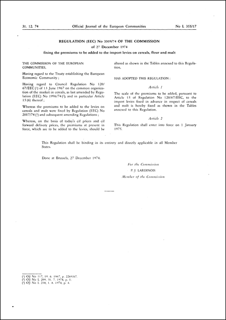 Regulation (EEC) No 3309/74 of the Commission of 27 December 1974 ...