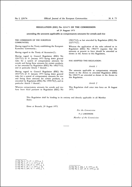 Regulation (EEC) No 2251/75 of the Commission of 29 August 1975 amending the amounts applicable as compensatory amounts for cereals and rice