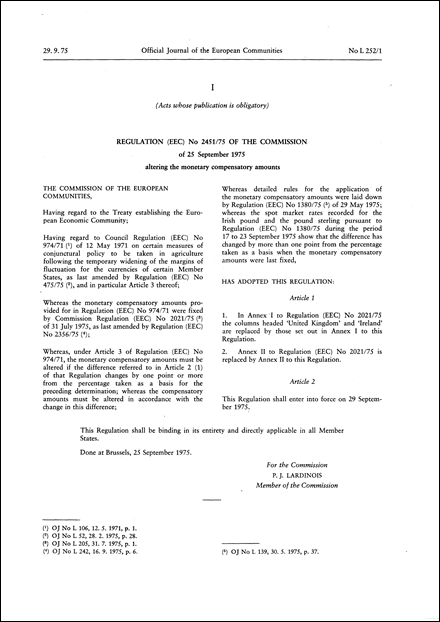 Regulation (EEC) No 2451/75 of the Commission of 25 September 1975 altering the monetary compensatory amounts