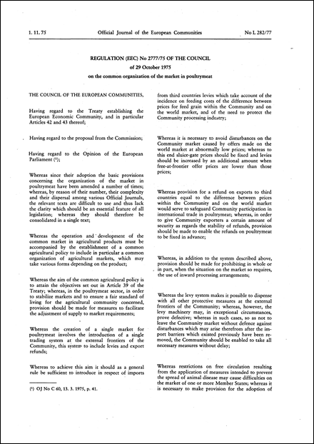 Regulation (EEC) No 2777/75 of the Council of 29 October 1975 on the common organization of the market in poultrymeat (repealed)