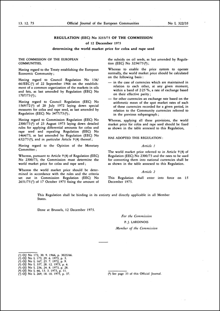 Regulation (EEC) No 3255/75 of the Commission of 12 December 1975 determining the world market price for colza and rape seed